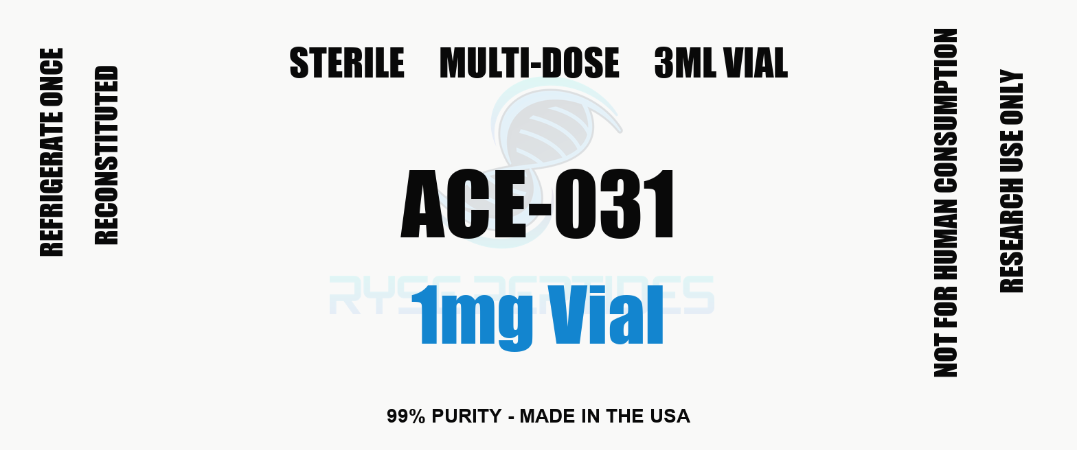 ACE-031 1mg Vial research compound label - Ryse Peptides