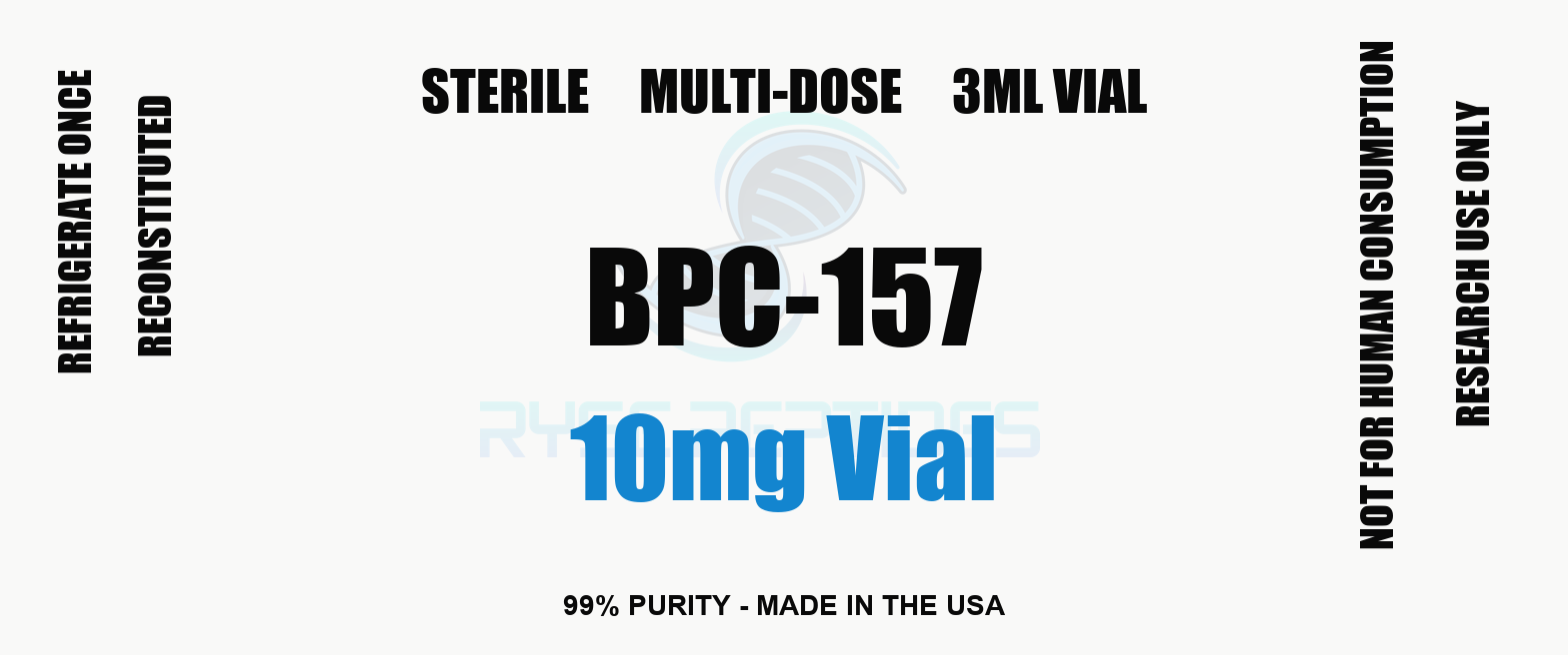 BPC-157 10mg Vial research compound label - Ryse Peptides
