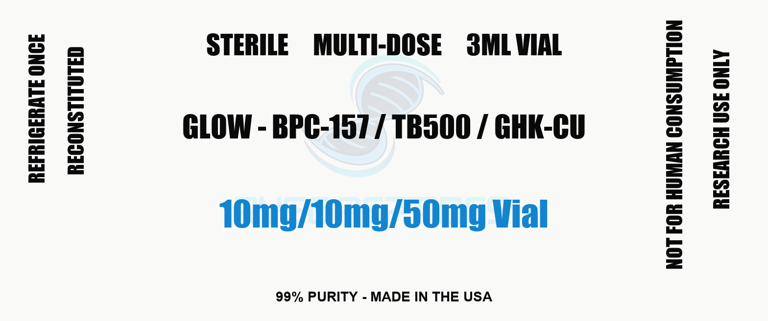 GLOW - BPC-157 / TB500 / GHK-Cu 10mg / 10mg / 50mg Vial research compound label - Ryse Peptides