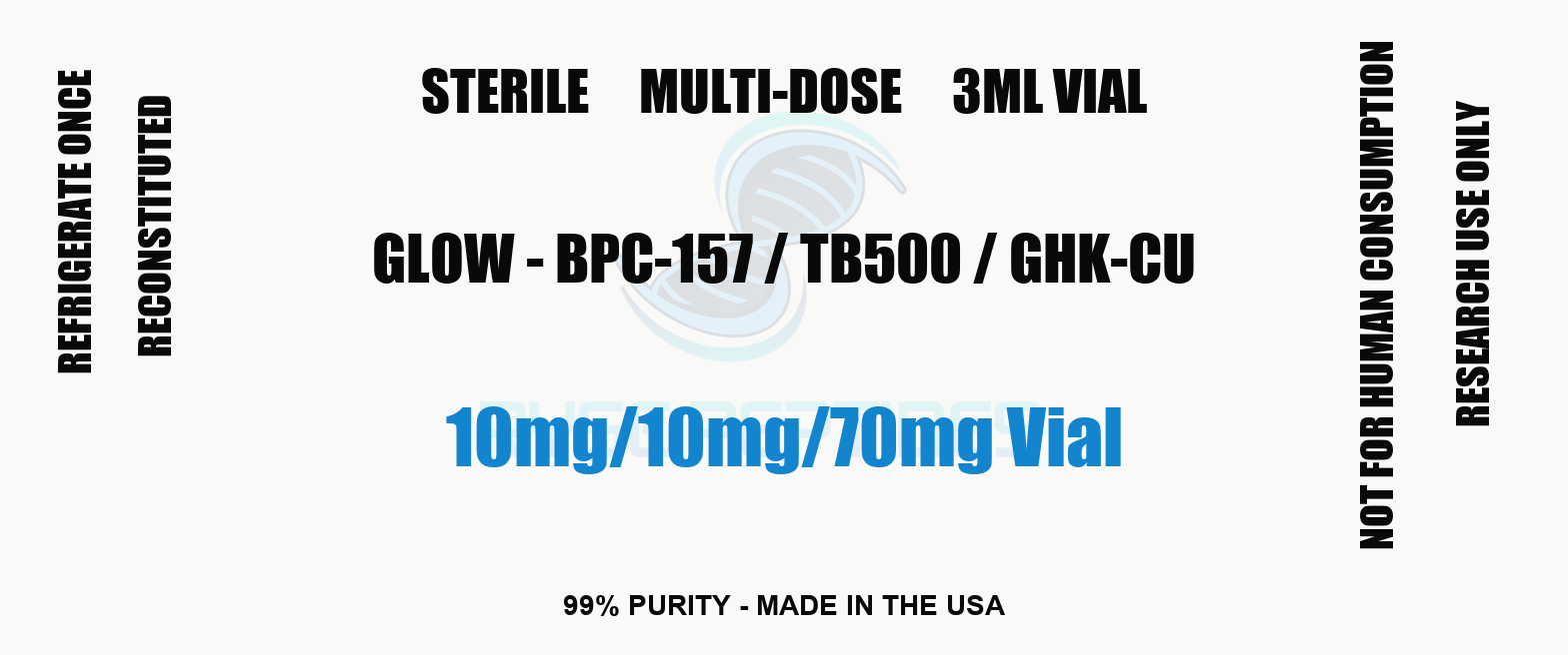 GLOW - BPC-157 / TB500 / GHK-Cu 10mg / 10mg / 70mg Vial research compound label - Ryse Peptides