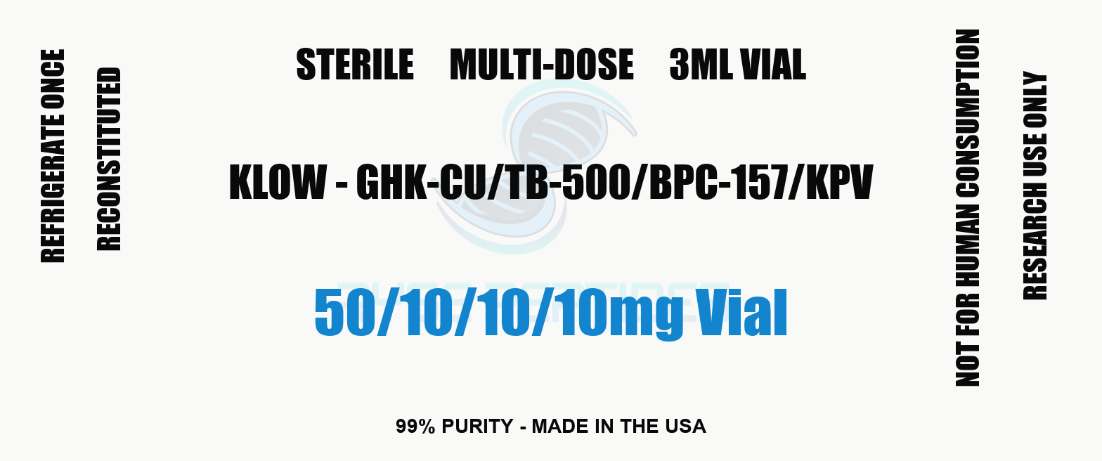KLOW - GHK-CU/TB-500/BPC-157/KPV 50/10/10/10mg Vial research compound label - Ryse Peptides