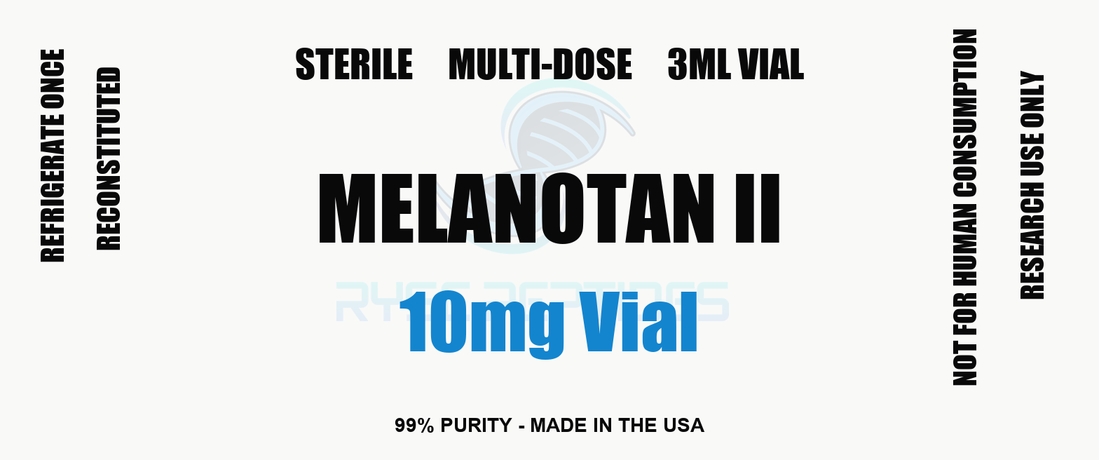Melanotan II 10mg Vial research compound label - Ryse Peptides