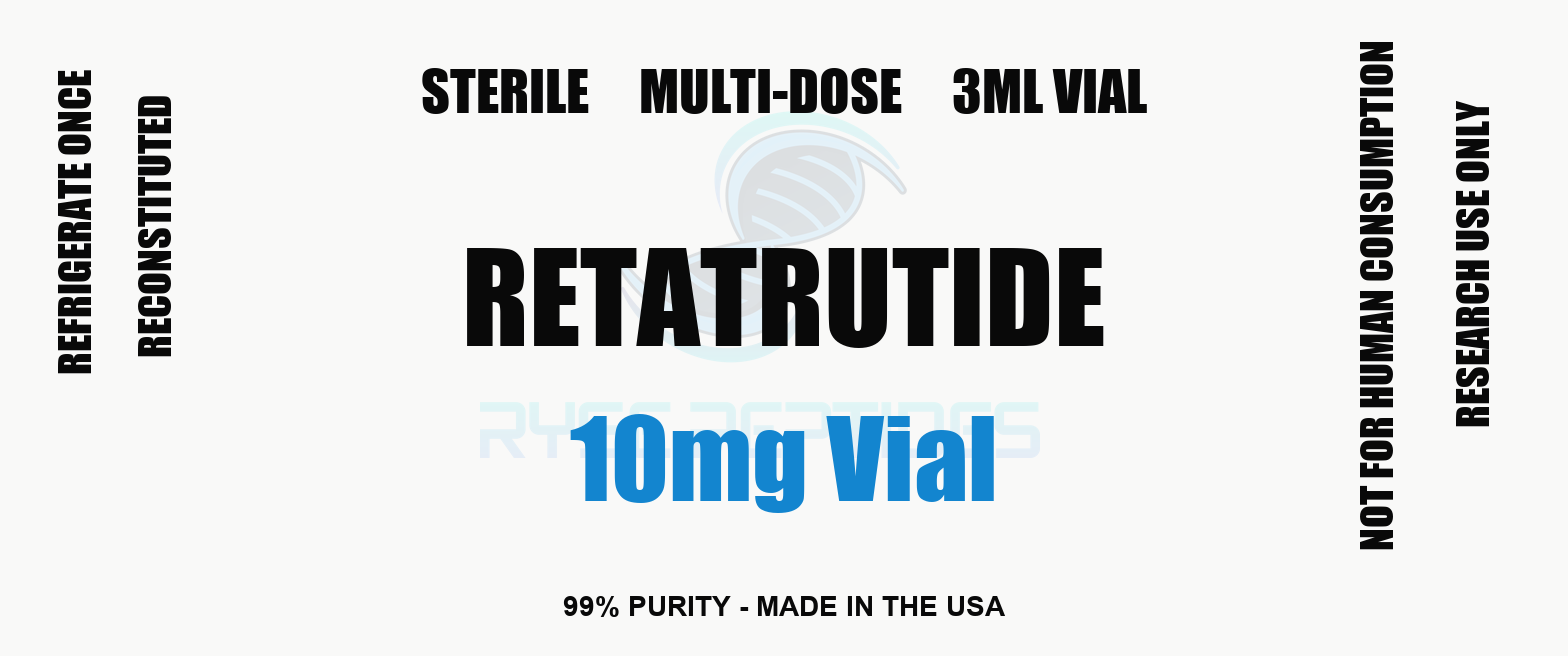 Retatrutide 10mg Vial research compound label - Ryse Peptides
