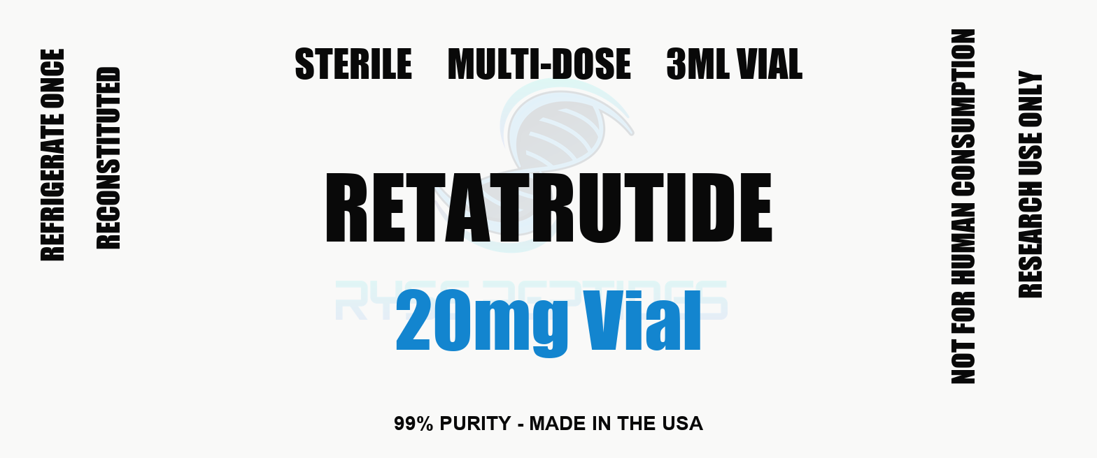 Retatrutide 20mg Vial research compound label - Ryse Peptides