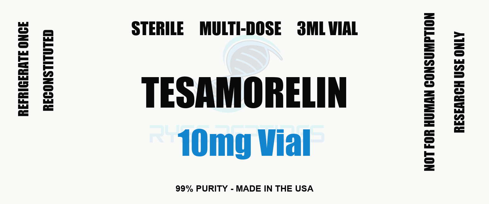 Tesamorelin 10mg Vial research compound label - Ryse Peptides
